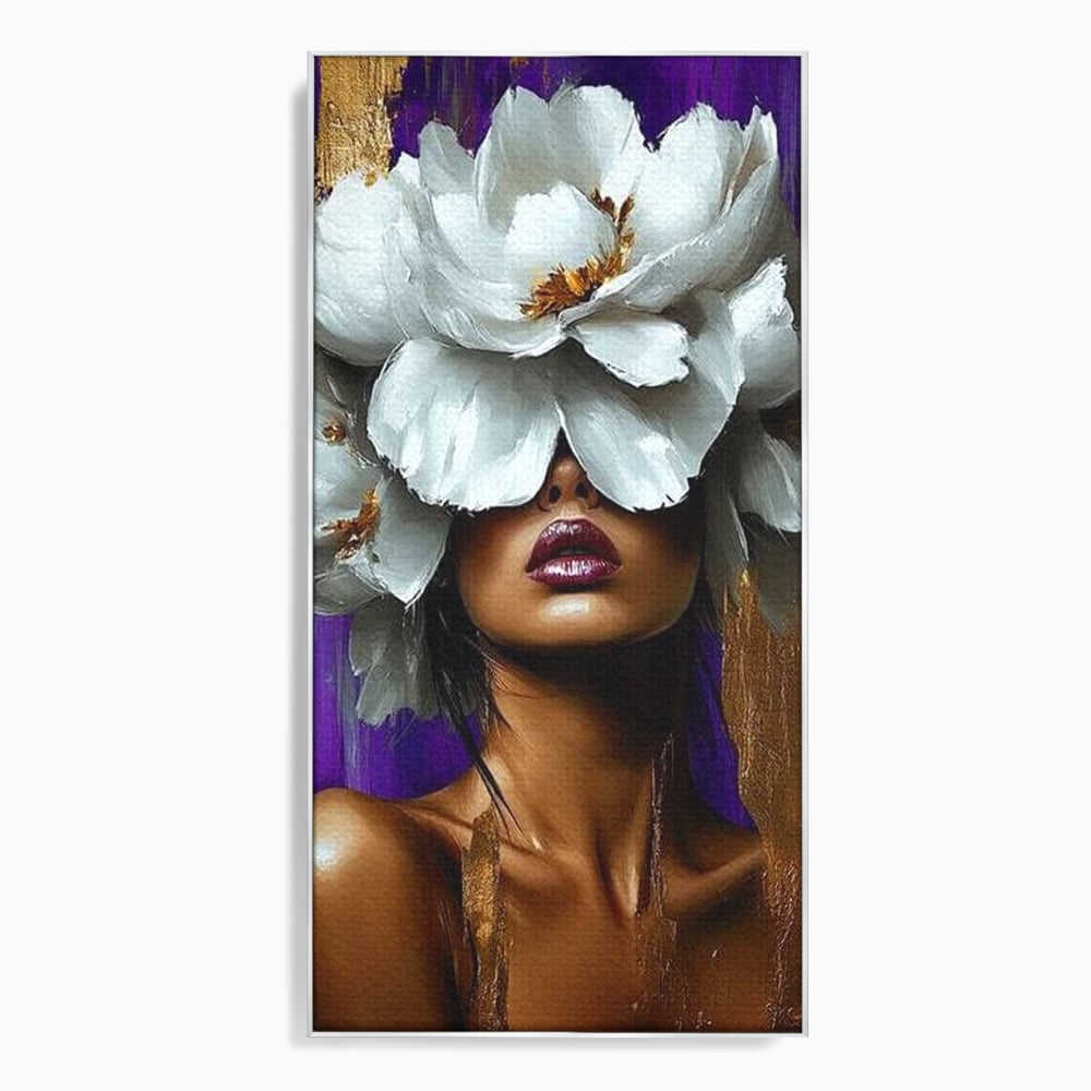 Tablou canvas cu tablou canvas cu femeie si flori albe, in rama de aluminiu argintiu